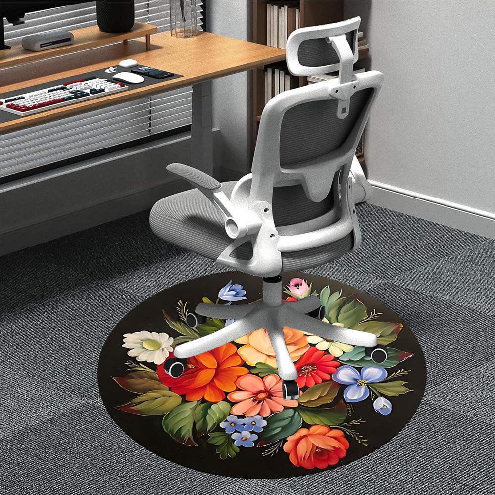 1pc Colorful Flowers Chair Carpet for Office, Round Non-Slip Durable Large Size Office Carpet, Suitable for Office, Beautiful Decoration