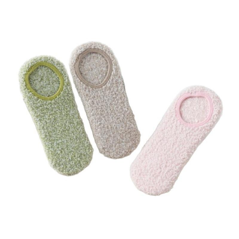 Autumn and Winter Coral Fleece Socks, Women's Shallow Mouth Thickened Warm Floor Socks, Half Fleece Boat Socks, Gel Solid Color Short Socks
