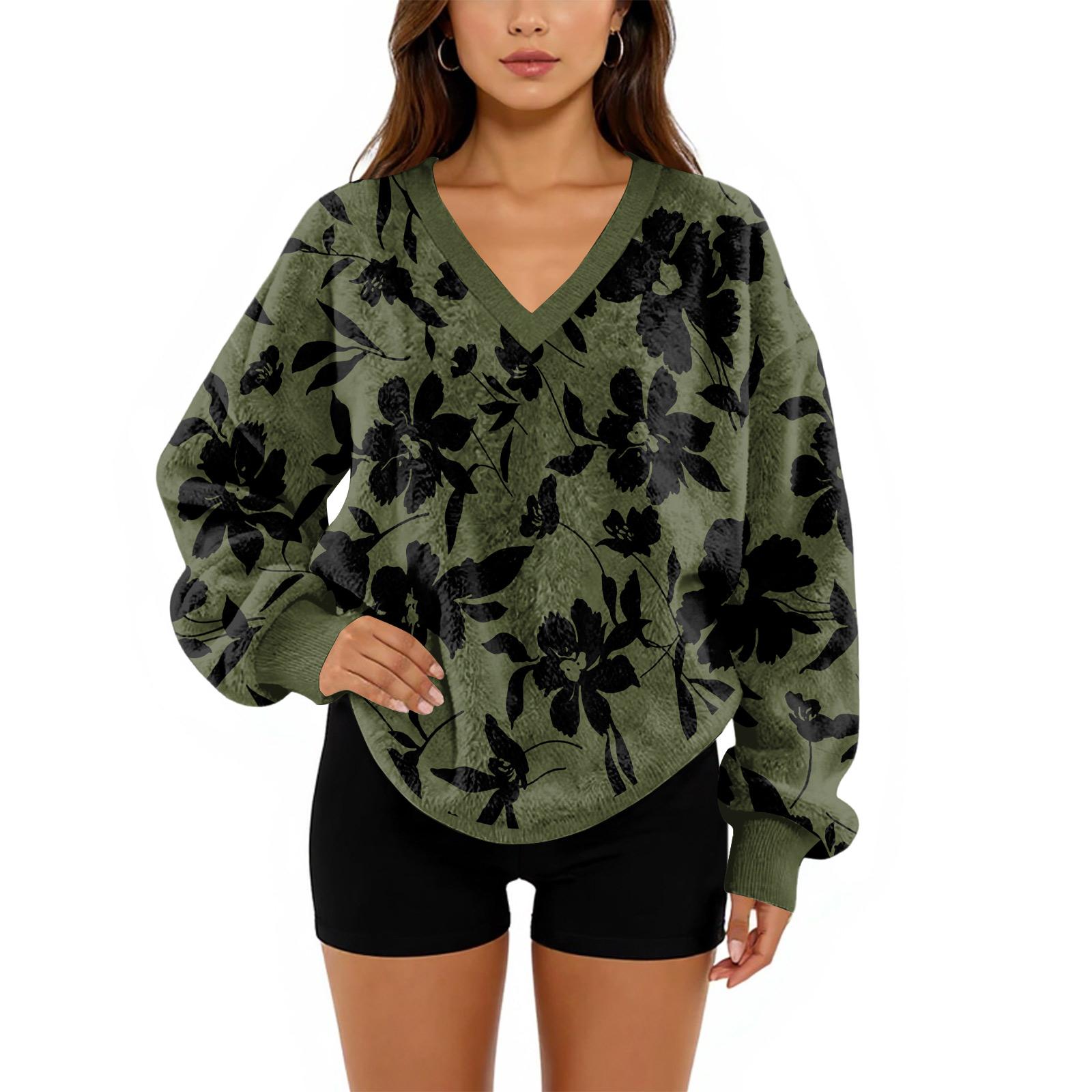 

Женский свитшот с V-образным вырезом, плюшевый, однотонный, повседневный, модный, с длинным рукавом, с карманами, пуловер L армия зеленый