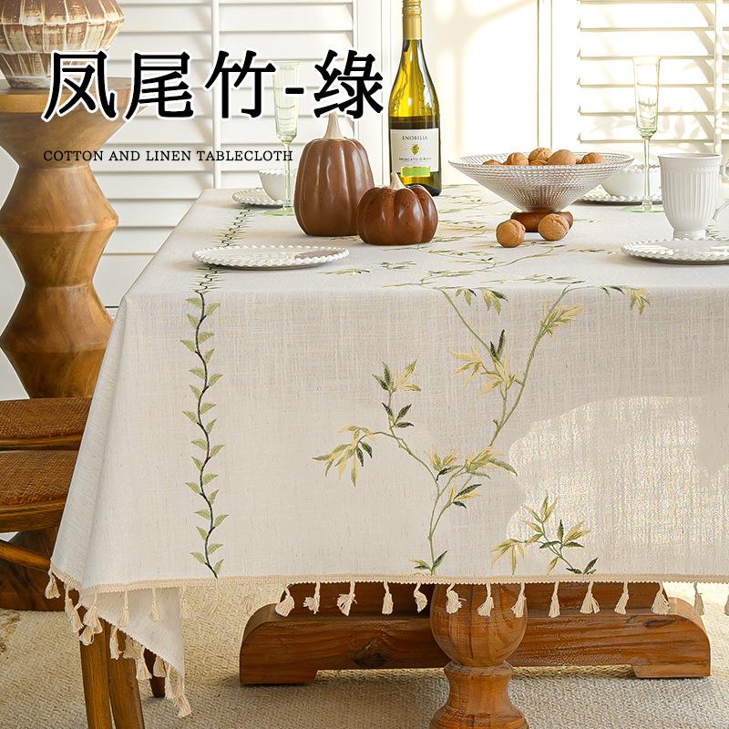 Cotton Linen Table Cloth Heavy Duty Embroidery Tablecloths Farmhouse Tablecloth Soft and Wrinkle Free Table Cover with Tassels