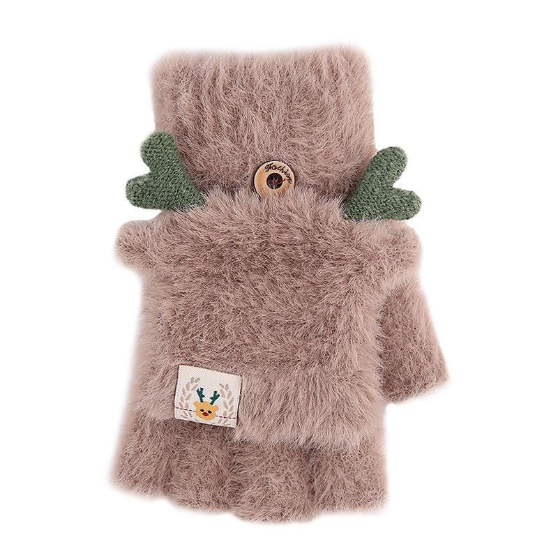 Gants tricotés demi-doigts à rabat pour femmes automne et hiver mignons bois chauds imitation vison étudiant écriture gants sans doigts