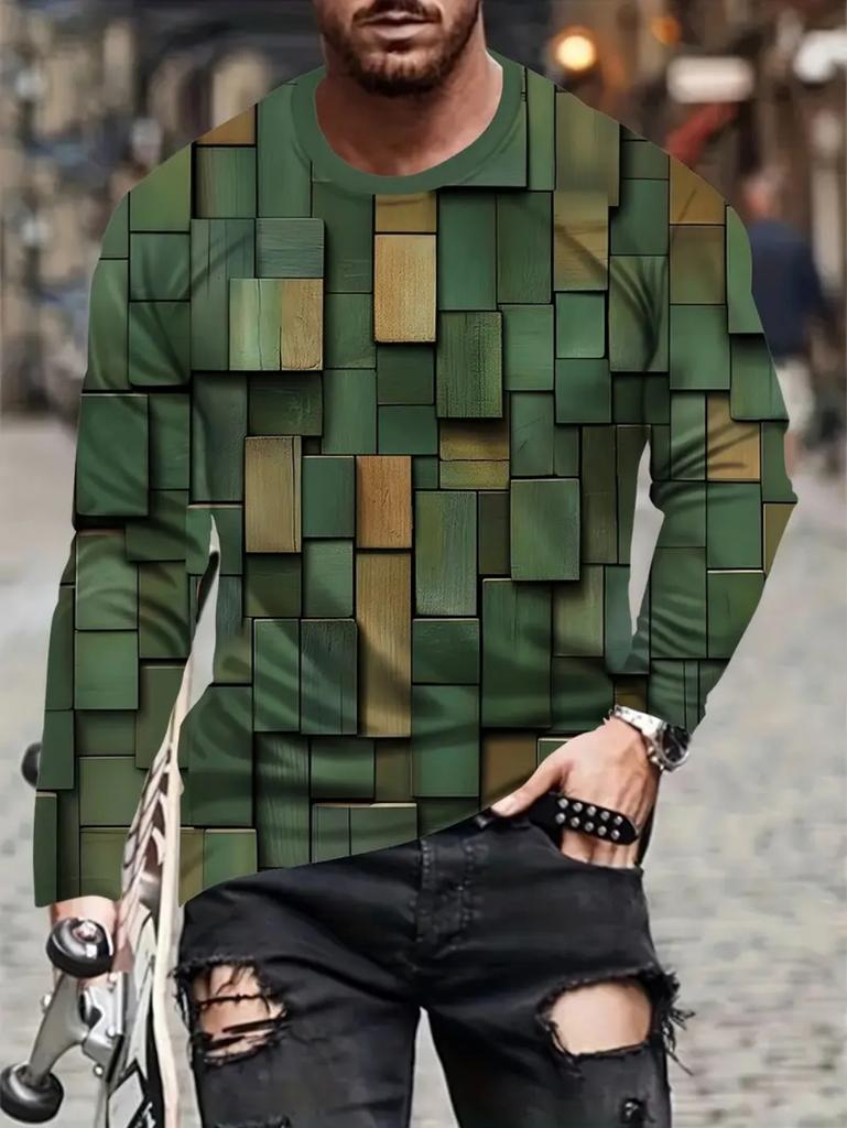 Vintage T-Shirt for Men Patchwork Grid Graphic T Shirts 3D Print Long Sleeve Tee Oversized Man Clothing Tops Creative Clothing