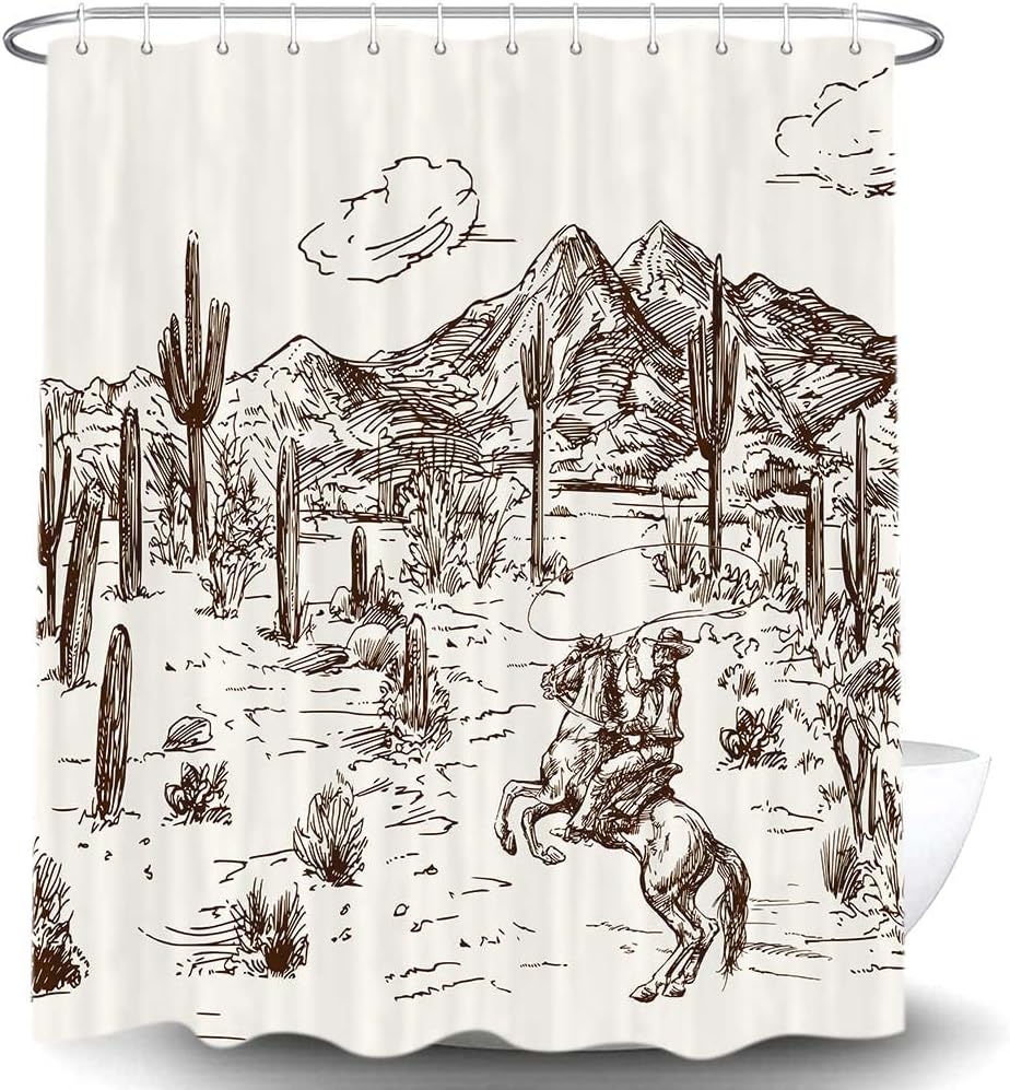 Western Denim Shower Curtain Farmhouse for Bathroom Village Cactus Desert Riding Shower Curtain with Hook 180x180cm