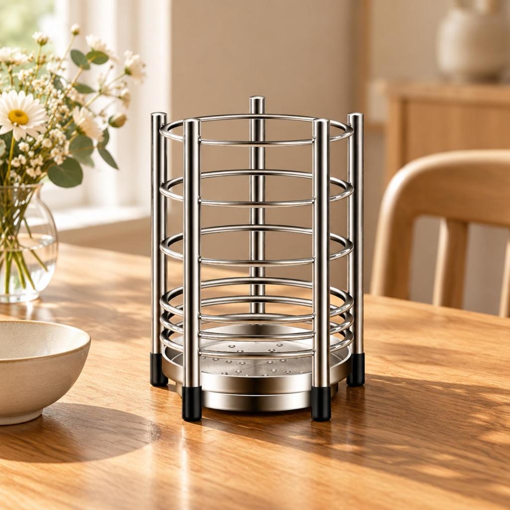 Utensil Holder with Drainage Tray Ventilated Chopsticks Organizer Silver
