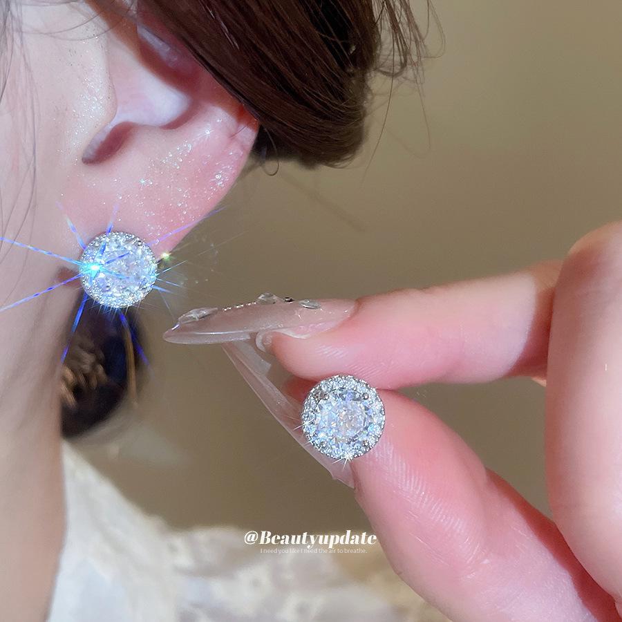 Silver Needle Korean Style Zirconia Geometric Round Stud Earrings - Elegant, Shiny, and Fashionable Accessories for Women