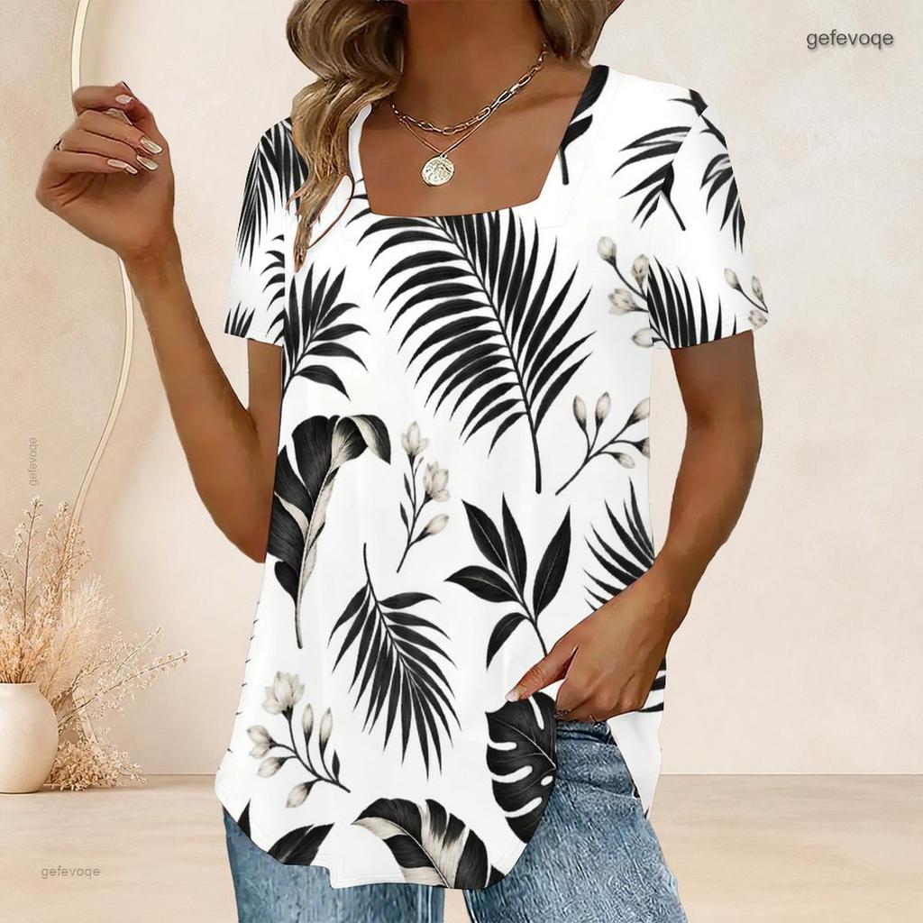 Women Plus Size U Neck Short Sleeve White Black Tropical Leaf Printed T Shirt