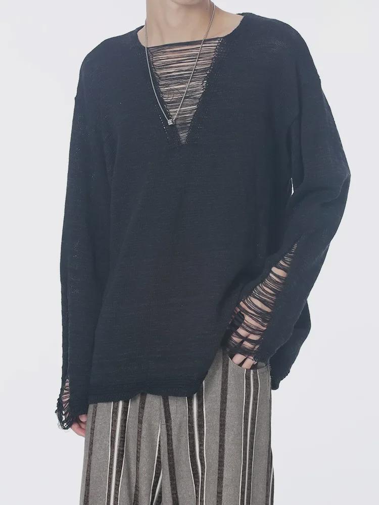 

Осенний вязаный свитер с V-образным вырезом из пряжи кордицепса и кисточками — дырчатый дизайн, слегка прозрачные длинные рукава, свободный крой 2XL чёрный