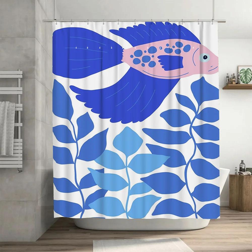 Blue White Fish Design Shower Curtain Decor Waterproof Fabric Bath Room Shower Drapes Set For Home Decoration 180X274Cm\N(Us $35