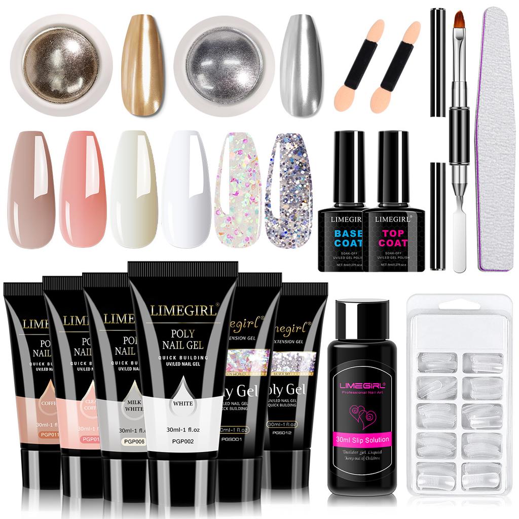 Nail Extension Gel Kit with Glitter Top Coat Crystal Nail Builder Gel No Forms Solid Polygel Nail Art Tools