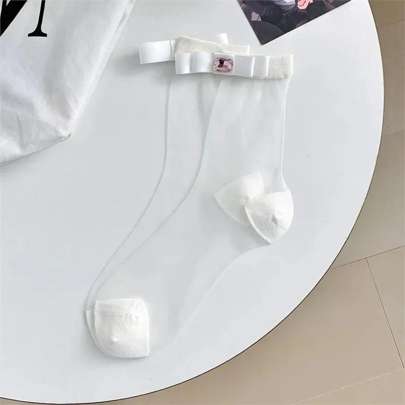 

Lolita Butterfly Knot Socks Shiny Diamond Lace Short Tube Ultra Thin See through Meaty Sweet Style Long Tube Socks for Women One Size