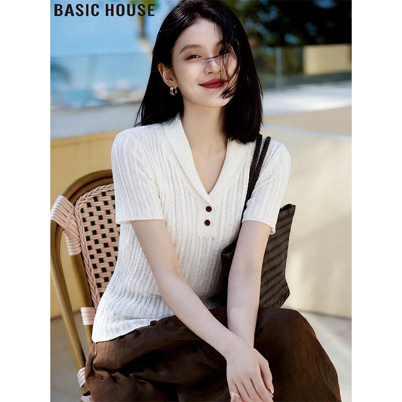 Basic House Women s Knitted Collared Short Sleeve Top S
