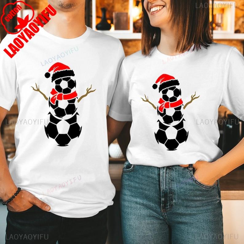 FOOTBALL SNOWUnisex Christmas Cotton TShirt Rudolph Reindeer Santa Hat Festival Gift Soccer Ball Costume Xmas Family Holiday Shirt