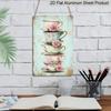 2D Flat, 1pc Vintage Tea Party Metal Wall Art Sign - 8x12 Inch Aluminum Floral Teacups & Roses Design, Rustic Distressed Edges, Pre-Drilled Holes for