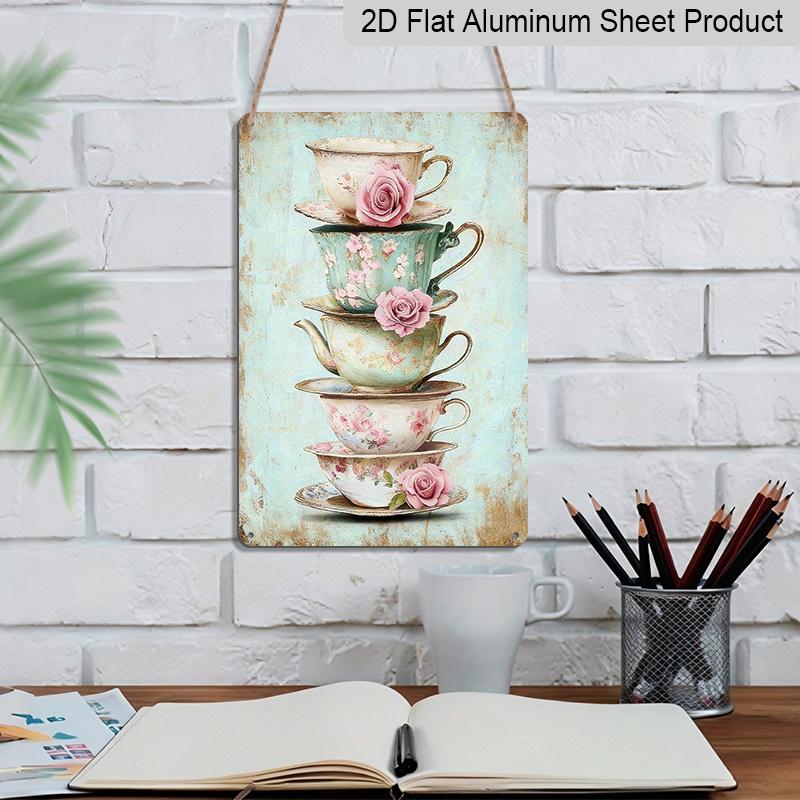 2D Flat, 1pc Vintage Tea Party Metal Wall Art Sign - 8x12 Inch Aluminum Floral Teacups & Roses Design, Rustic Distressed Edges, Pre-Drilled Holes for