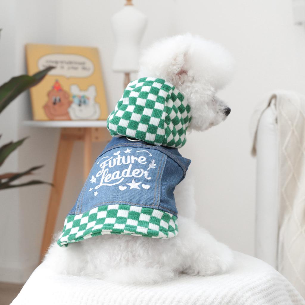 Pet Plaid Hooded Sweatshirt with Denim Splicing and Thickened Coat Clothing 3-color Plaid Denim Coat Dog Clothes for Small Dogs