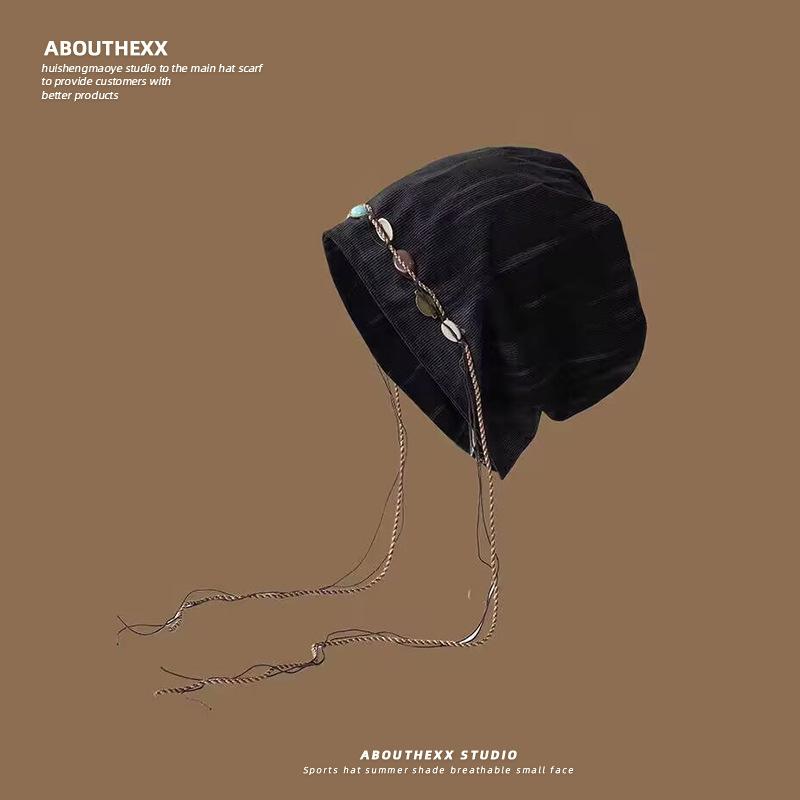 Tie Dyed Tassel Pile Hat for Women New Retro Beaded Face Showing Small Knitted Hat  Versatile Pullover Cold Hat Trend