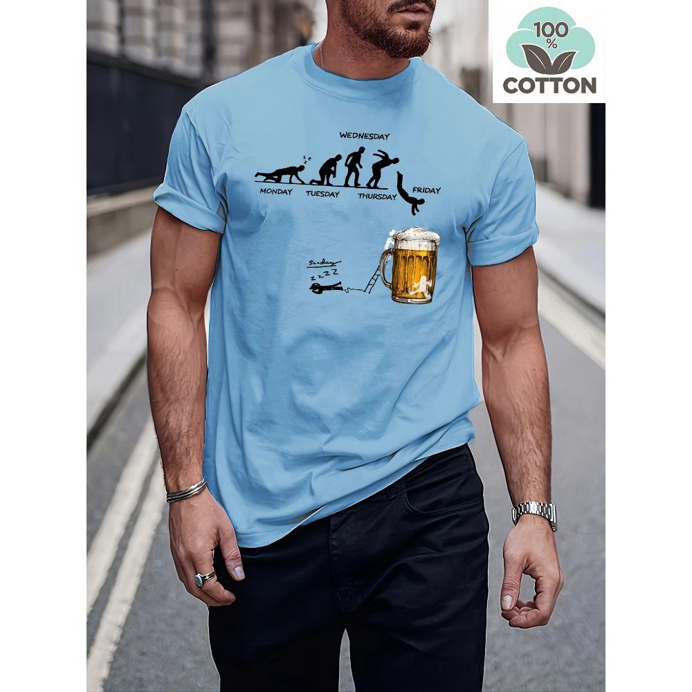 Men's Summer Fashion Casual Loose Large Fun Beer Pattern Printed Sports Round Neck Short Sleeve T-shirt Top