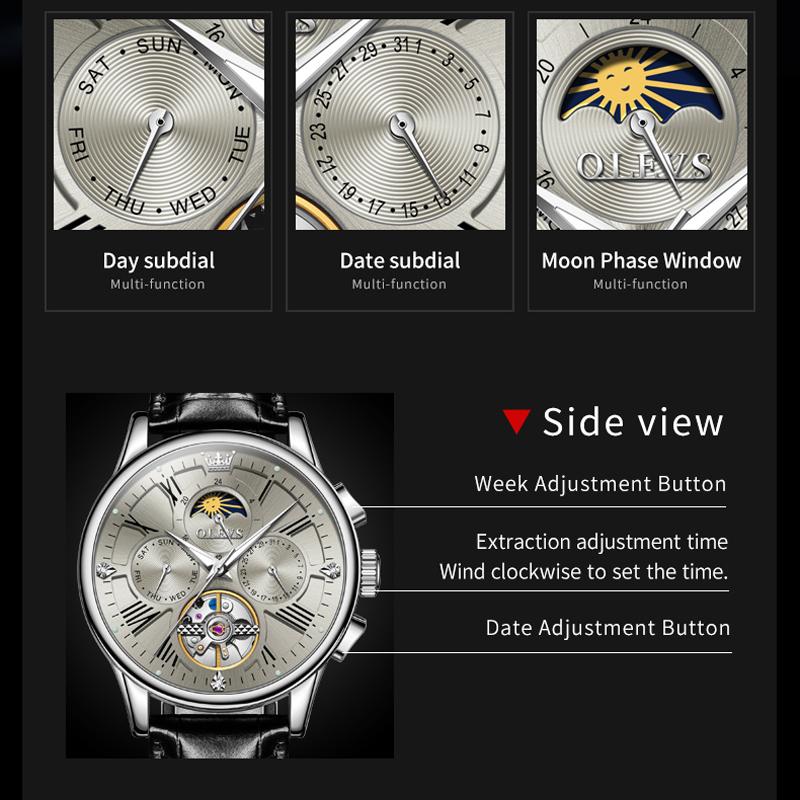 OLEVS Luxury Automatic Mechanical Watches for Men Leather Strap Calendar Week Tourbillon Man Watch Hollowed Men's Watches