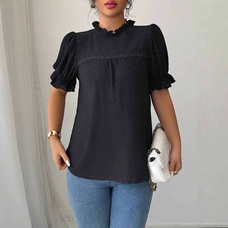 

Hollow out Short Sleepes2025 Spring/Summer Women Simple and Stylish Lace Collar Cut-out Shirt Short sleeve Black XL