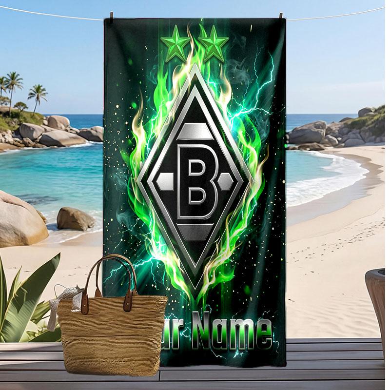 Borussia Mönchengladbach Personalized Printed Beach Towel Soccer Logo Support Custom Name Text Absorbent Towel For Sport Travel Special Gift