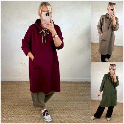 Women's Solid Hooded Midi Sweatshirt Dress Long Sleeve Pocket Loose Casual Hoodie Dress