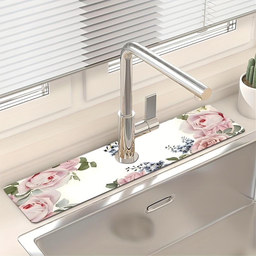 1Pcs Floral Sink Faucet Absorbent Mat, Drainage Pad, Kitchen, Bathroom Sink, Countertop, Drain Pad, Diatomaceous Mud Washbasin, Quick Drying Pad