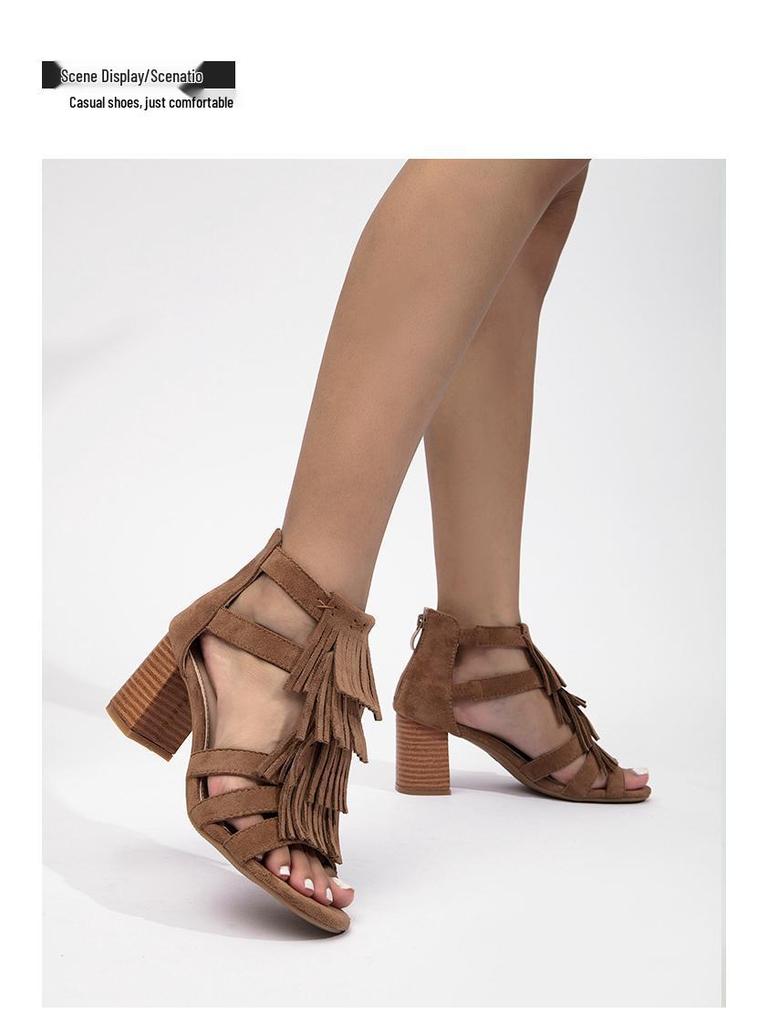 2025 Women's Chunky Heel Tassel Ankle Boots Peep Toe, Back Zipper, Roman Style Sandals