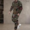 Men Plus Size Black Blue Green Printed Round Neck Long Sleeve Top Cuffed Pants Two Piece Set
