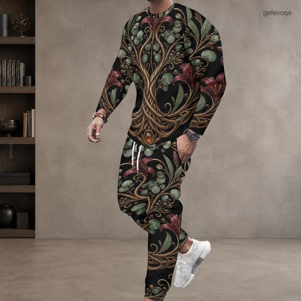 Men Plus Size Black Blue Green Printed Round Neck Long Sleeve Top Cuffed Pants Two Piece Set