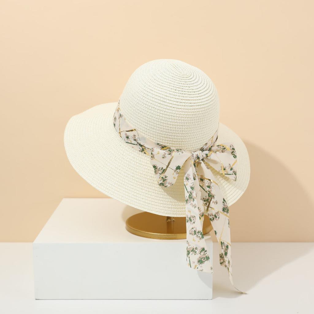 Bow straw hat fashion streamer casual woven straw hat travel sun protection seaside big eaves hat sun hat