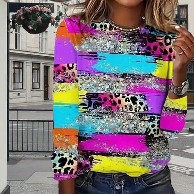 Tops For Women Warning Line with Colored Lines Print Round Neck Long Sleeve T-shirt Fall Casual Slim Pullover Women's Long Sleeve Top