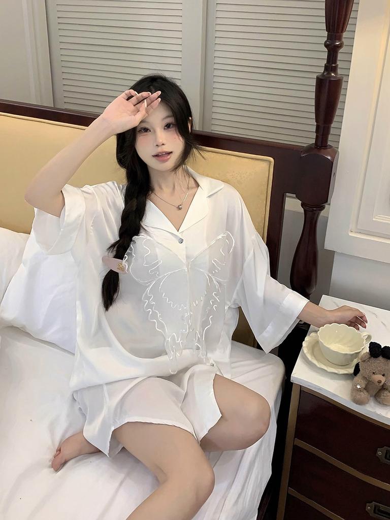 Sexy Pajamas Women's Ice Silk Shirt Skirt Pure Wind Can Be Worn Outside Cardigan Butterfly Silk Real Shot Loungewear