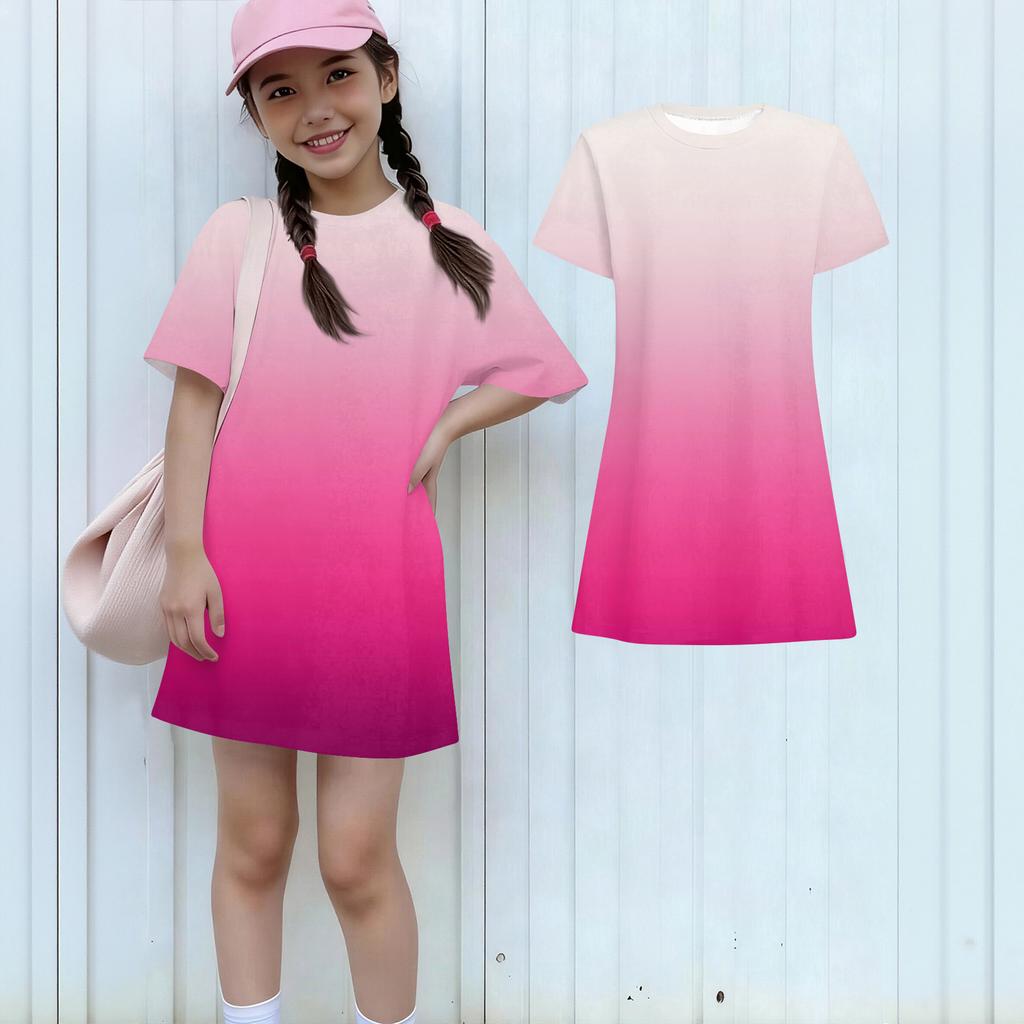Girls Casual Sundress Kids Loose Round Neck Short Sleeve Lightweight Dress