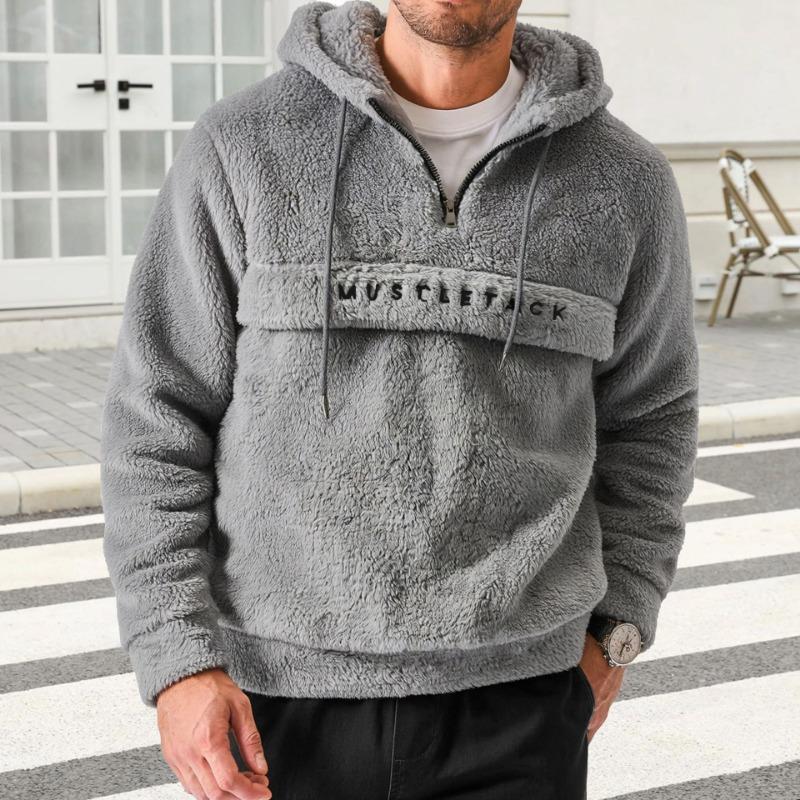Winter Men s Fleece Hoodie Half Zip Pullover Embroidered Lettering Warm Fluffy Hooded Sweatshirt S светло-серый