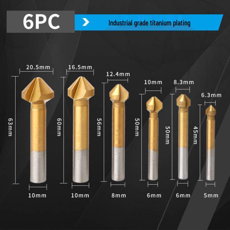 6-Piece 90° Titanium-Plated Chamfering Knife & Countersink Drill Set