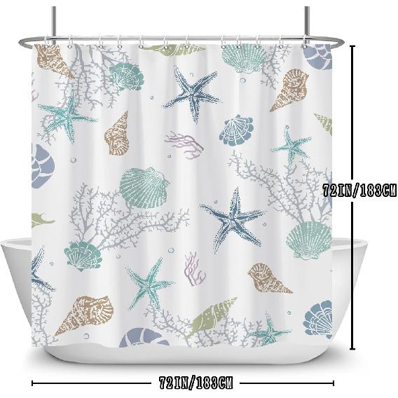 Ocean Theme Shower Curtain, Starfish Coral Nautical Coastal Shower Curtain Set for Bathroom, Nautical Marine Theme Seashell Conch Fabric Bath Curtain