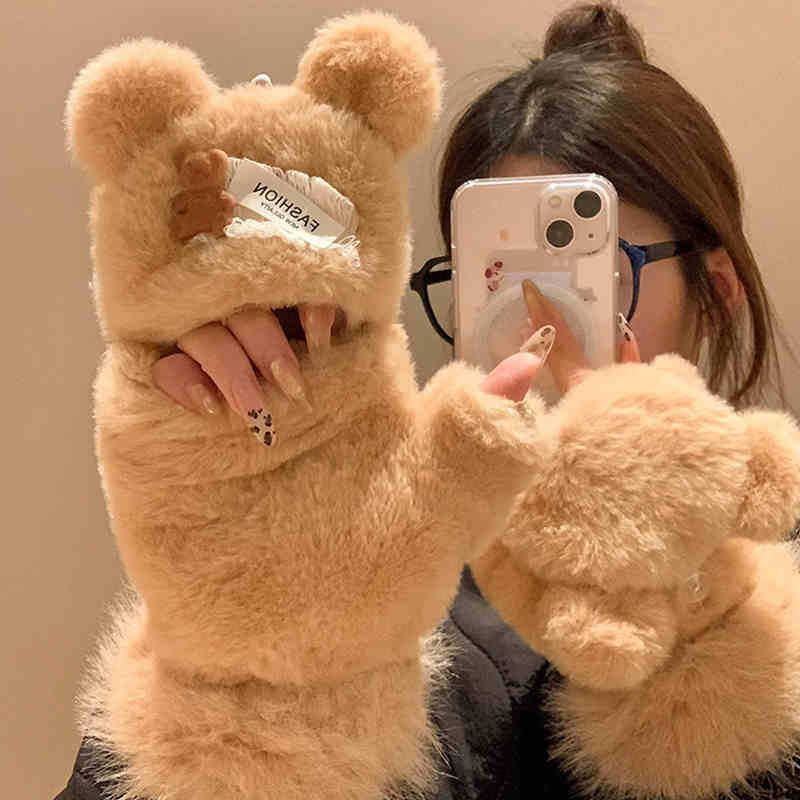 Gloves female 2025 cute girl gives girlfriend plush warm cute plush bear gloves