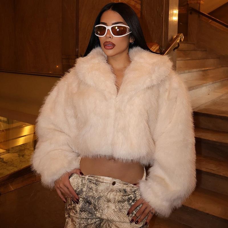 

Women s Faux Fur Cropped Coat Lapel Collar Warm Jacket Y2K Style Outerwear S білий