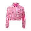 Unisex Kids Metallic Shiny Jacket Turn Down Collar Long Sleeves Flap Pockets Dance Coat