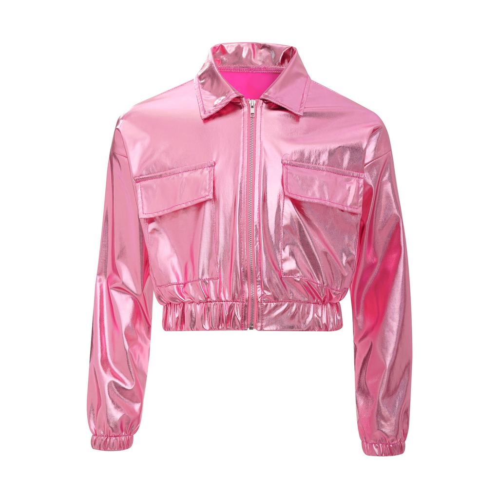 Unisex Kids Metallic Shiny Jacket Turn Down Collar Long Sleeves Flap Pockets Dance Coat