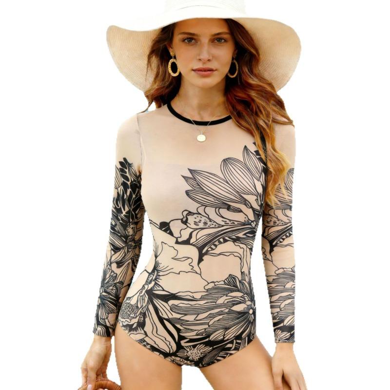New One-piece Swimsuit Women's Long-sleeved Tight-fitting High-elastic and Thin Sexy Gauze Skirt European and American Spot Women's Swimwear