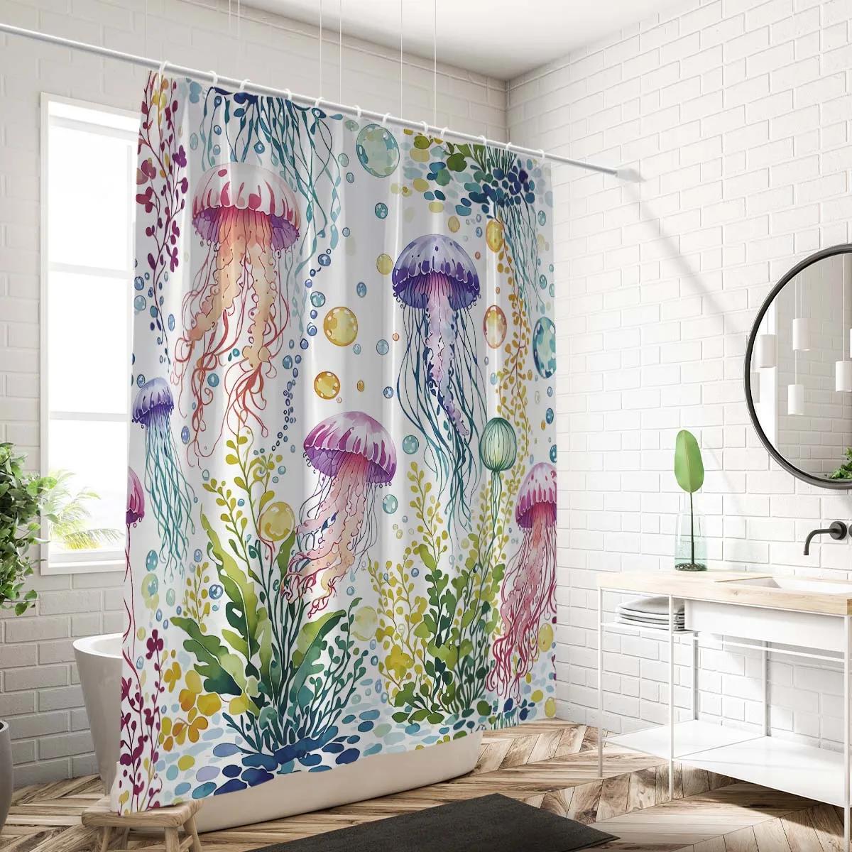 Tonnika Chen 1Pc Jellyfish Pattern Printed Shower Curtain, Waterproof, With 12 Hooks, Bathroom Showers, Bathtub, Fashionable Home Use