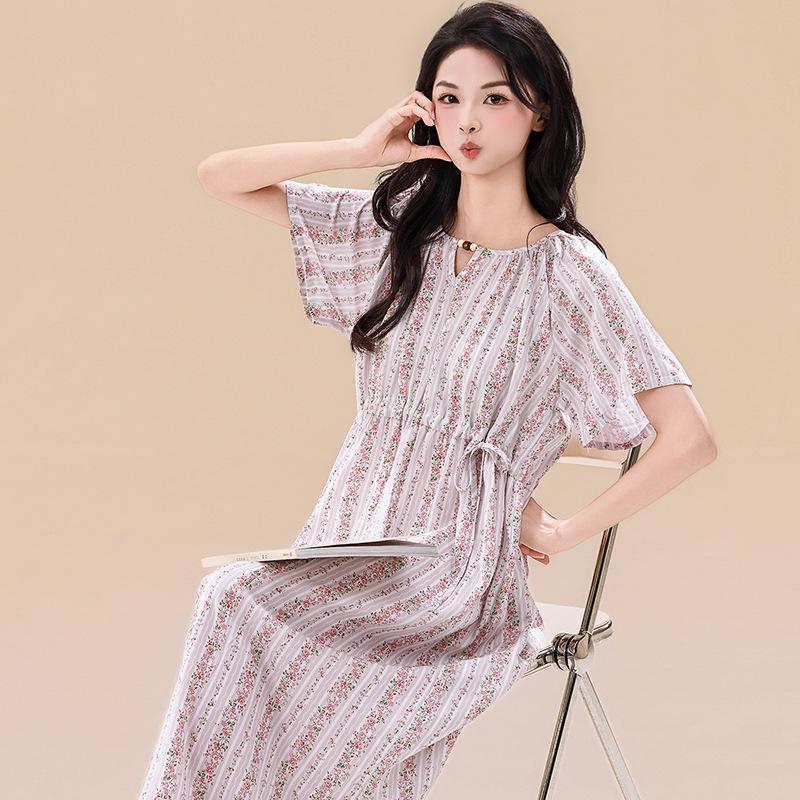 Korean Floral Lyocell-Cotton Silk Nightgown with Drawstring Waist and Short Sleeves