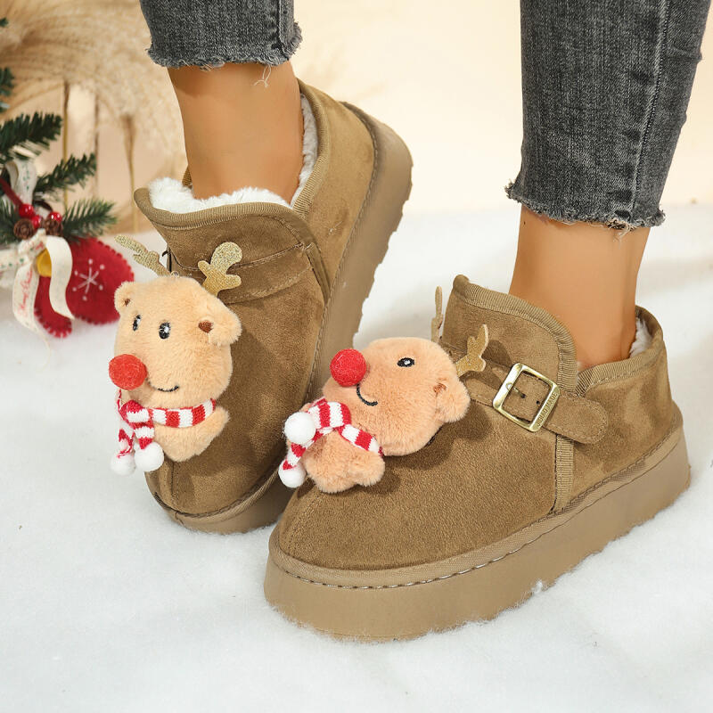 Fashion Cute Cartoon Reindeer Thick Bottom Snow Boots Women 2025 Winter Warm Short Plush Chunky Platform Ankle Boots Christmas Shoes 43