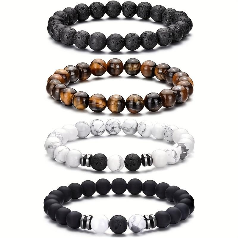 4Pcs Natural Stone Beaded Bracelets Set For Couples Men Women Distance Black White Natural Lava Stone Tiger Eye Bead Guard Bracelet