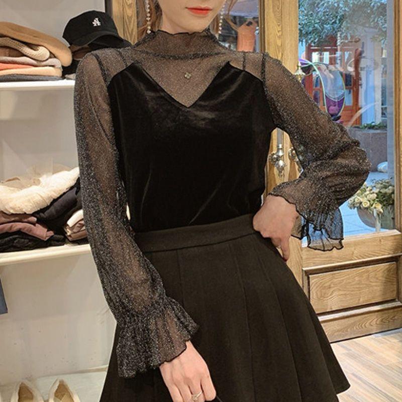 Große Größen Damen Spitzenhemd Samtoberteile Helles Siebdruckgarn Unterhemd für Herbst und Winter