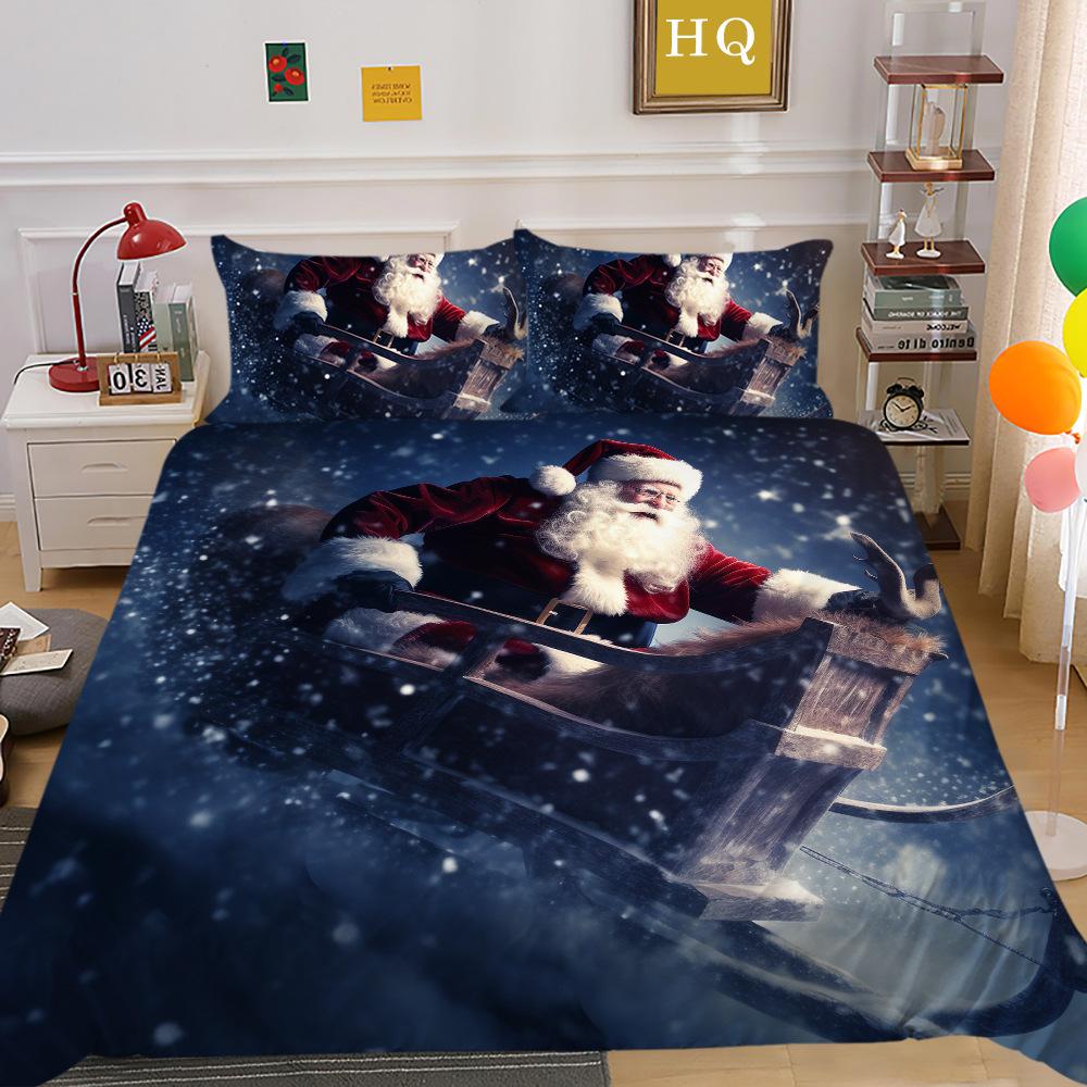 Weihnachtsmann Kutsche 3D-gedruckter Polyester Kissenbezug Bettdeckenbezug Zwei- oder Dreiteiliges Set Kann Sein