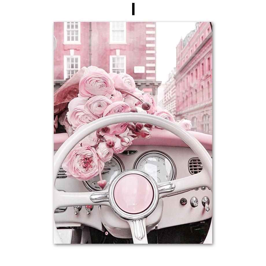 Pink Rose Paris Tower Posters and Prints Vintage Car Macaron Cake Wall Art Canvas Painting Wall Pictures for Living Room Decor