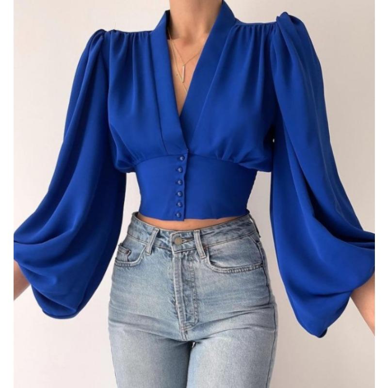 Summer New Style Temperament Button V-neck Lantern Sleeve Blouse Shirt Women