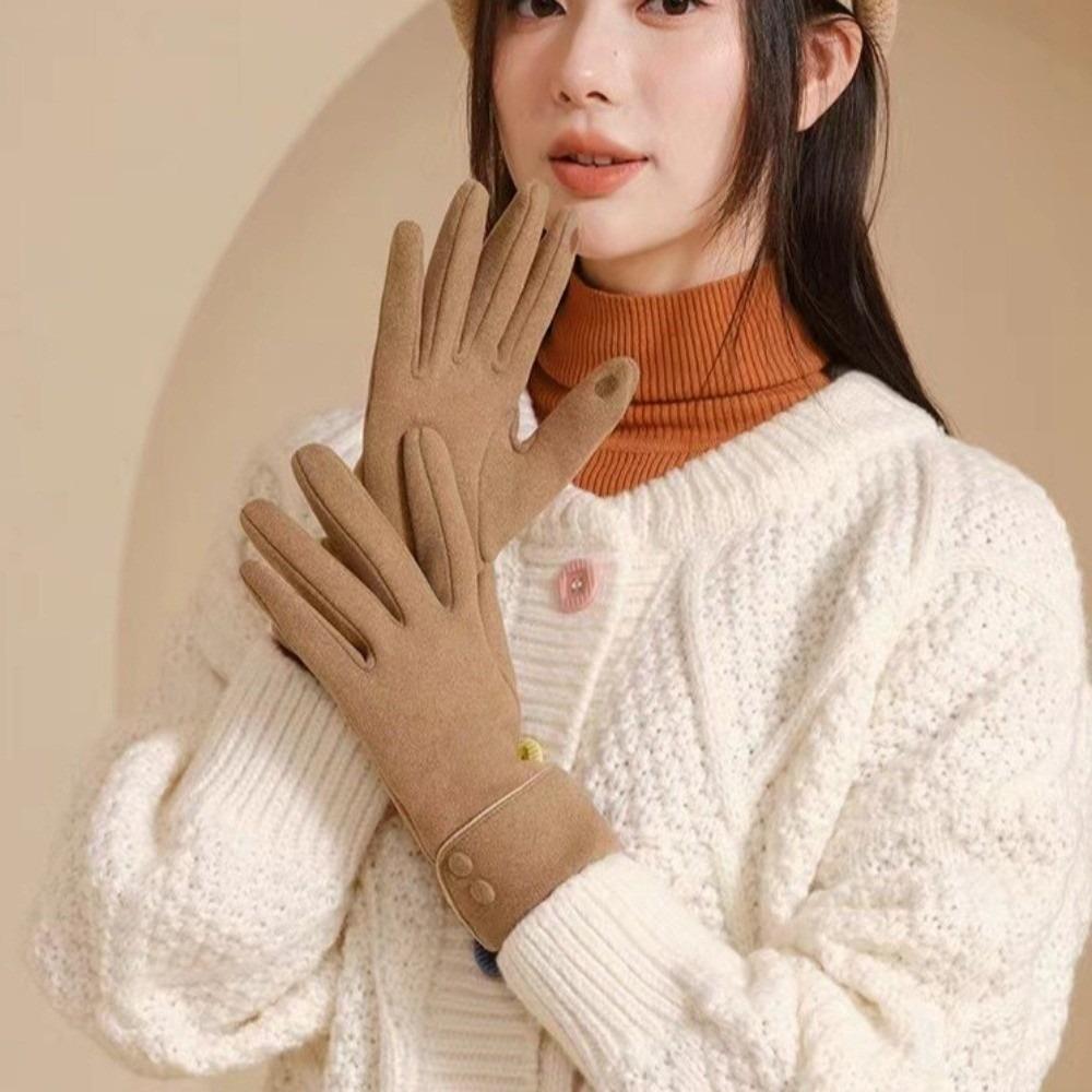 Full Finger Women Suede Gloves Plush Winter Mittens Vintage  Gloves  Sports